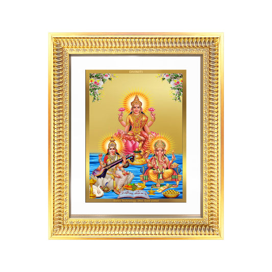 Goddess Lakshmi, Saraswati & Lord Ganesha | Divine Trio Wall Mount Photo Frame in 24K Gold Plated Foil