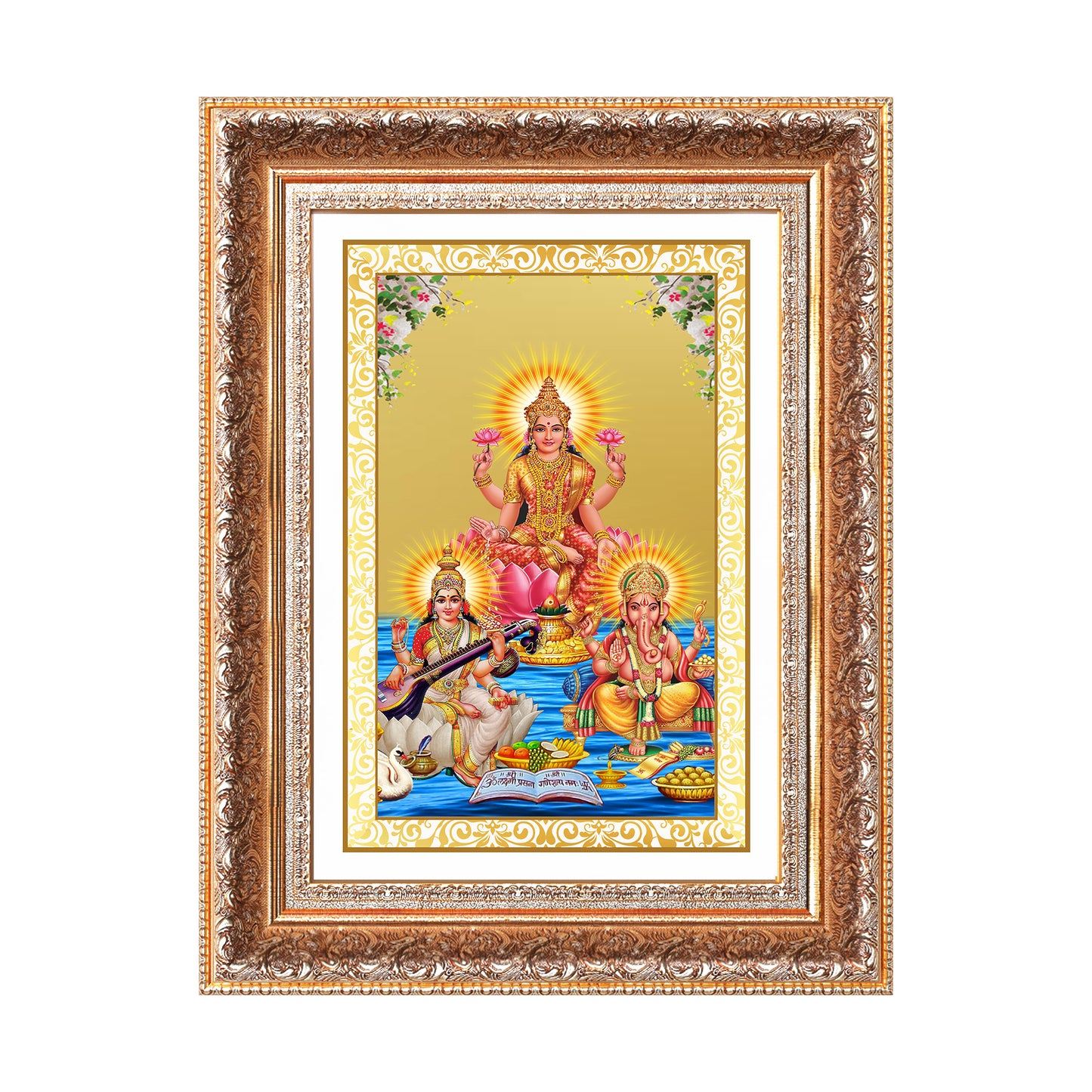 Goddess Lakshmi, Saraswati & Lord Ganesha | Divine Trio Wall Mount Photo Frame in 24K Gold Plated Foil