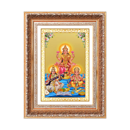 Goddess Lakshmi, Saraswati & Lord Ganesha | Divine Trio Wall Mount Photo Frame in 24K Gold Plated Foil