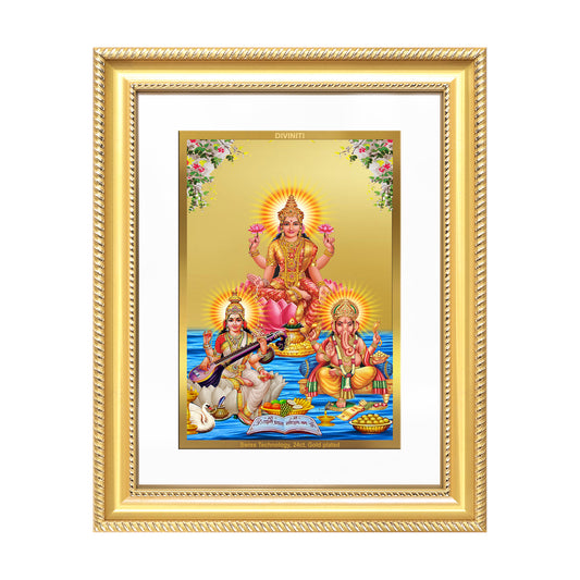 Goddess Lakshmi, Saraswati & Lord Ganesha | Divine Trio Wall Mount Photo Frame in 24K Gold Plated Foil