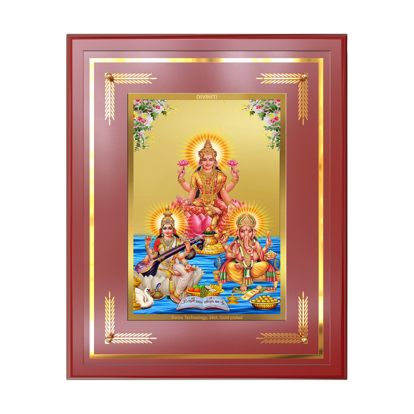 Goddess Lakshmi Saraswati & Lord Ganesha | Divine Trio Wall Mount Photo Frame in 24K Gold Plated Foil