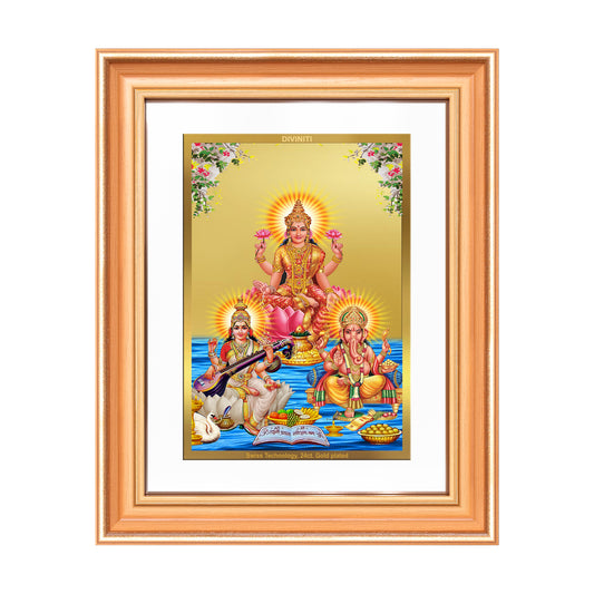 Goddess Lakshmi Saraswati & Lord Ganesha | Divine Trio Wall Mount Photo Frame in 24K Gold Plated Foil