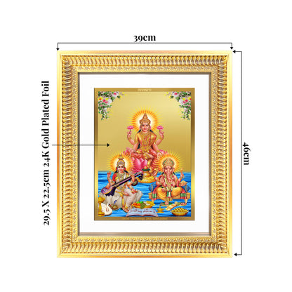 Goddess Lakshmi, Saraswati & Lord Ganesha | Divine Trio Wall Mount Photo Frame in 24K Gold Plated Foil