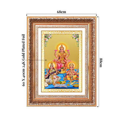 Goddess Lakshmi, Saraswati & Lord Ganesha | Divine Trio Wall Mount Photo Frame in 24K Gold Plated Foil
