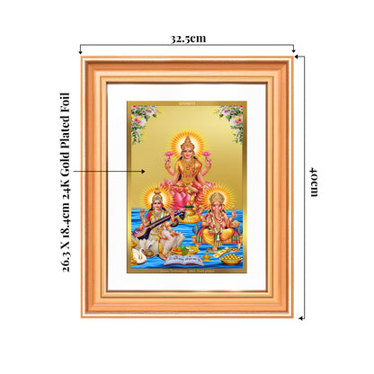 Goddess Lakshmi Saraswati & Lord Ganesha | Divine Trio Wall Mount Photo Frame in 24K Gold Plated Foil