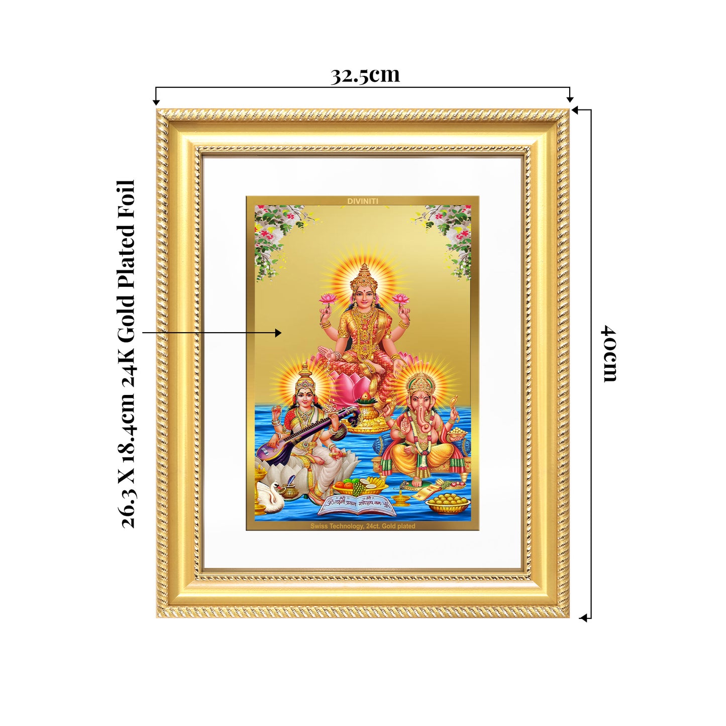 Goddess Lakshmi, Saraswati & Lord Ganesha | Divine Trio Wall Mount Photo Frame in 24K Gold Plated Foil