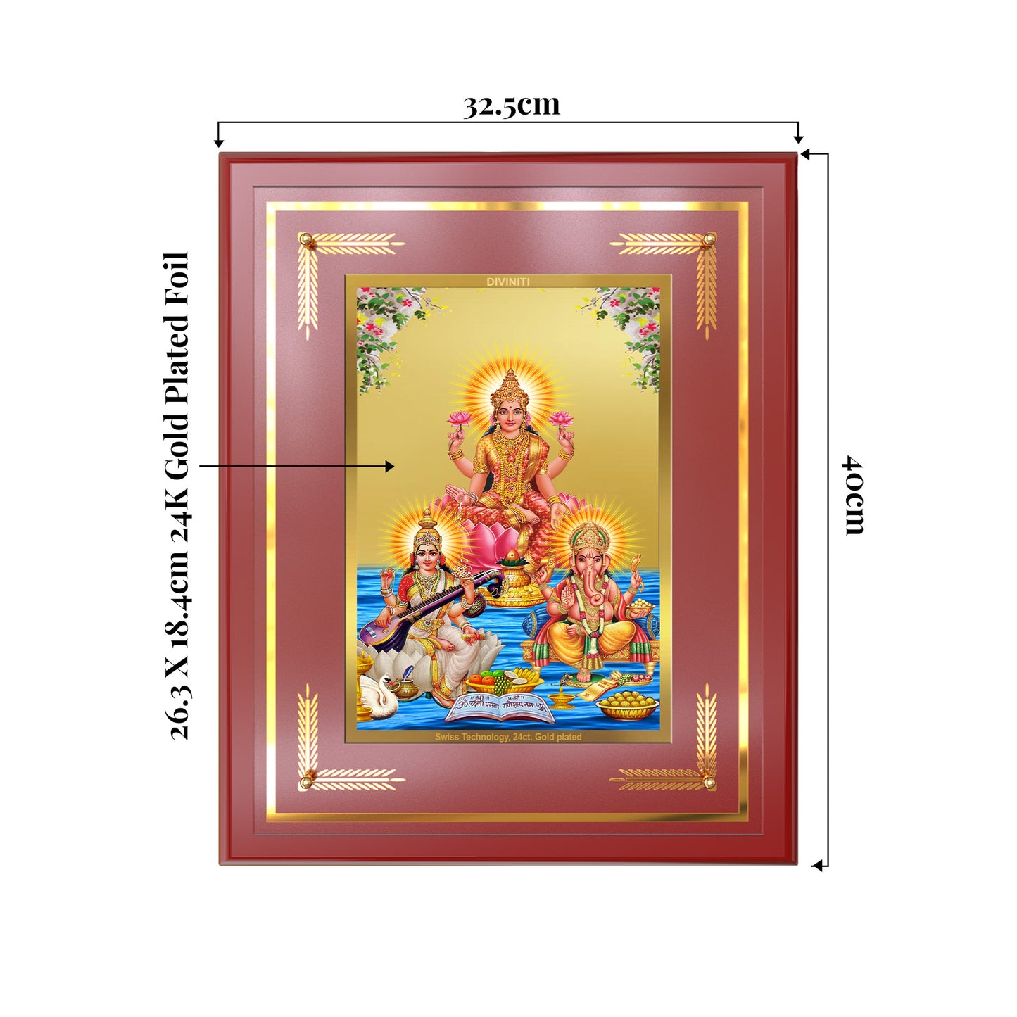 Goddess Lakshmi Saraswati & Lord Ganesha | Divine Trio Wall Mount Photo Frame in 24K Gold Plated Foil