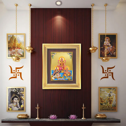 Goddess Lakshmi, Saraswati & Lord Ganesha | Divine Trio Wall Mount Photo Frame in 24K Gold Plated Foil