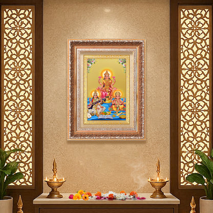 Goddess Lakshmi, Saraswati & Lord Ganesha | Divine Trio Wall Mount Photo Frame in 24K Gold Plated Foil