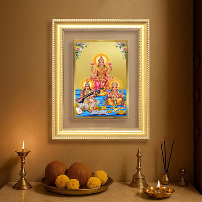 Goddess Lakshmi, Saraswati & Lord Ganesha | Divine Trio Wall Mount Photo Frame in 24K Gold Plated Foil