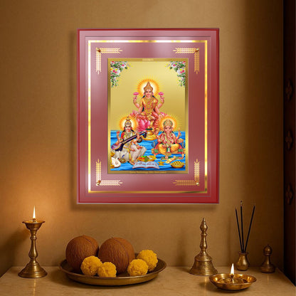 Goddess Lakshmi Saraswati & Lord Ganesha | Divine Trio Wall Mount Photo Frame in 24K Gold Plated Foil