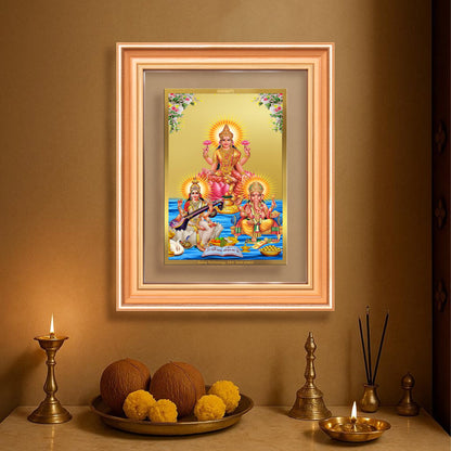 Goddess Lakshmi Saraswati & Lord Ganesha | Divine Trio Wall Mount Photo Frame in 24K Gold Plated Foil