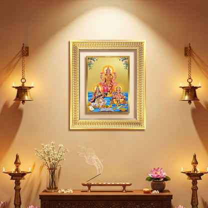 Goddess Lakshmi, Saraswati & Lord Ganesha | Divine Trio Wall Mount Photo Frame in 24K Gold Plated Foil