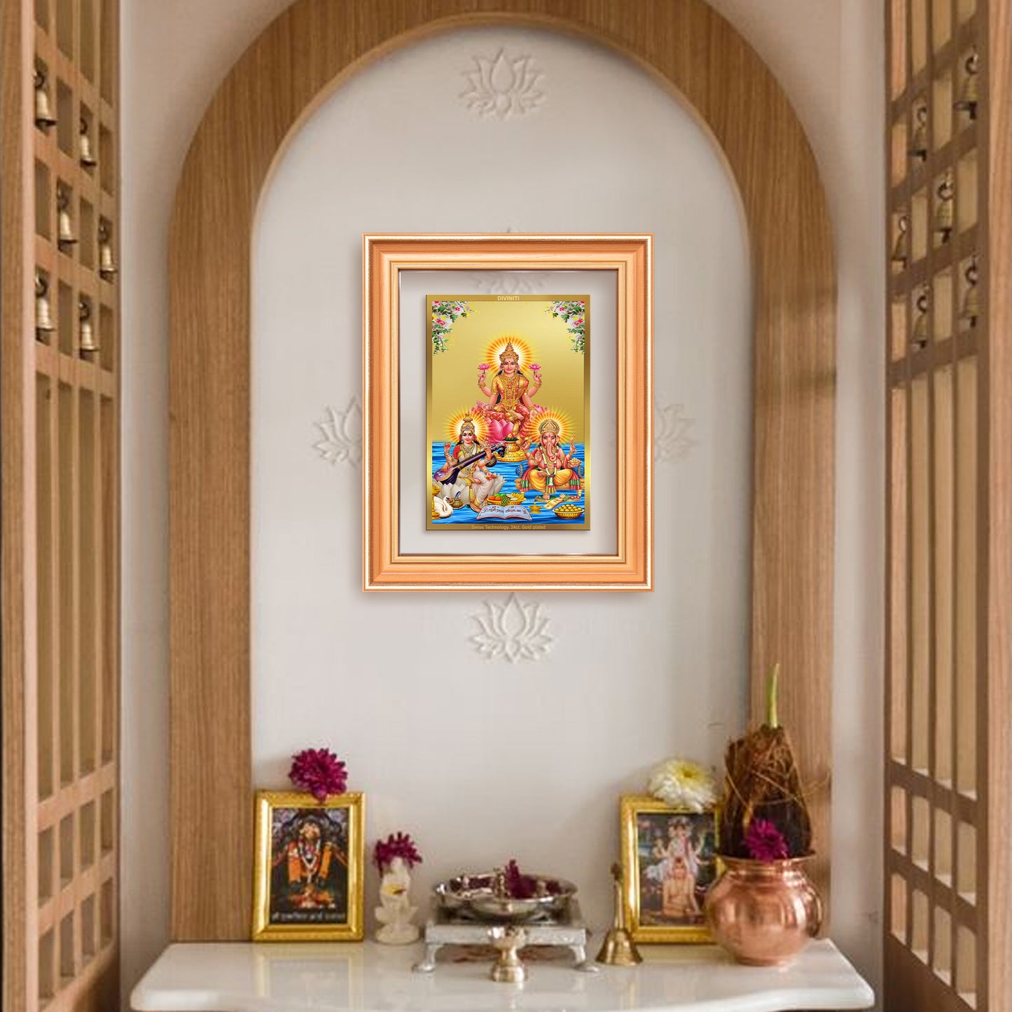 Goddess Lakshmi Saraswati & Lord Ganesha | Divine Trio Wall Mount Photo Frame in 24K Gold Plated Foil