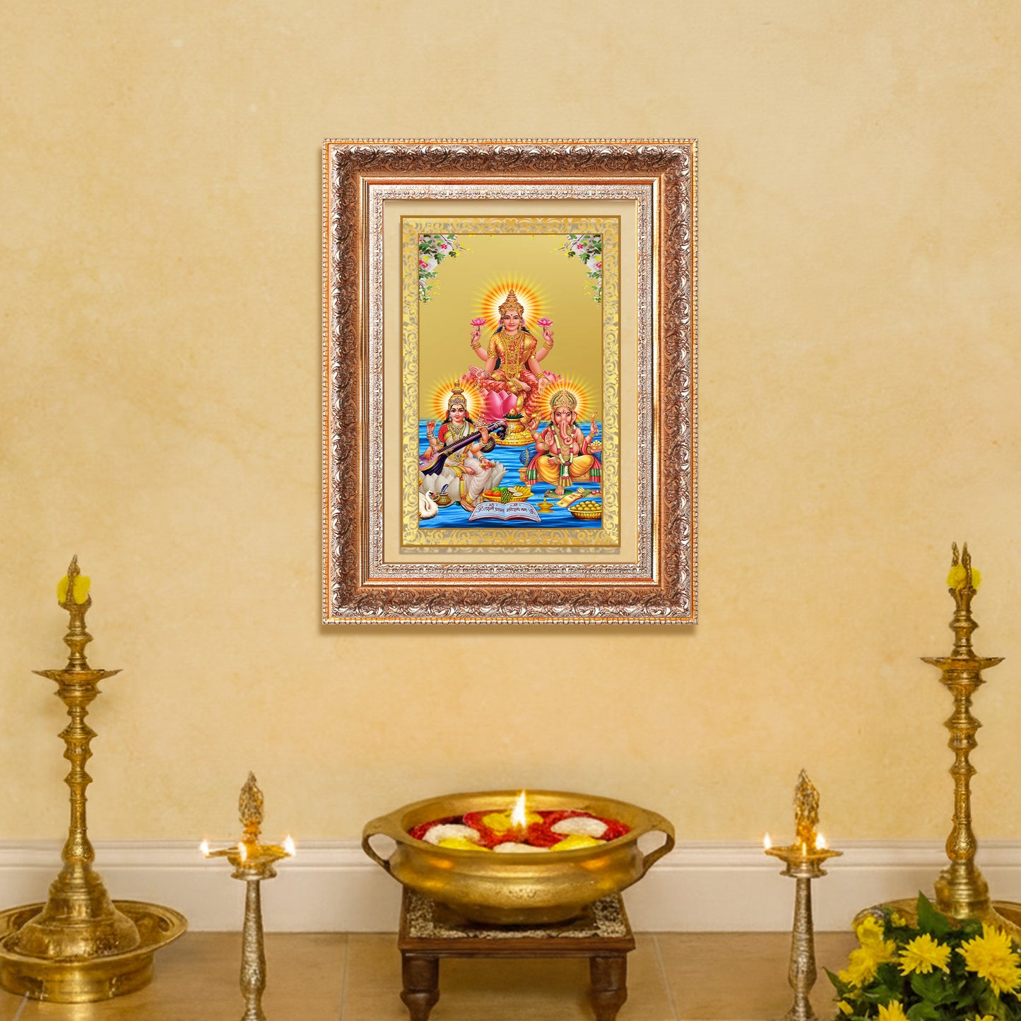 Goddess Lakshmi, Saraswati & Lord Ganesha | Divine Trio Wall Mount Photo Frame in 24K Gold Plated Foil
