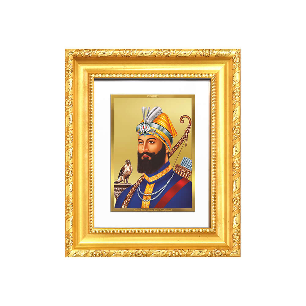 Guru Gobind Singh Ji framed portrait in 24K gold plated foil, depicting the tenth Sikh Guru with symbolism of courage and faith.