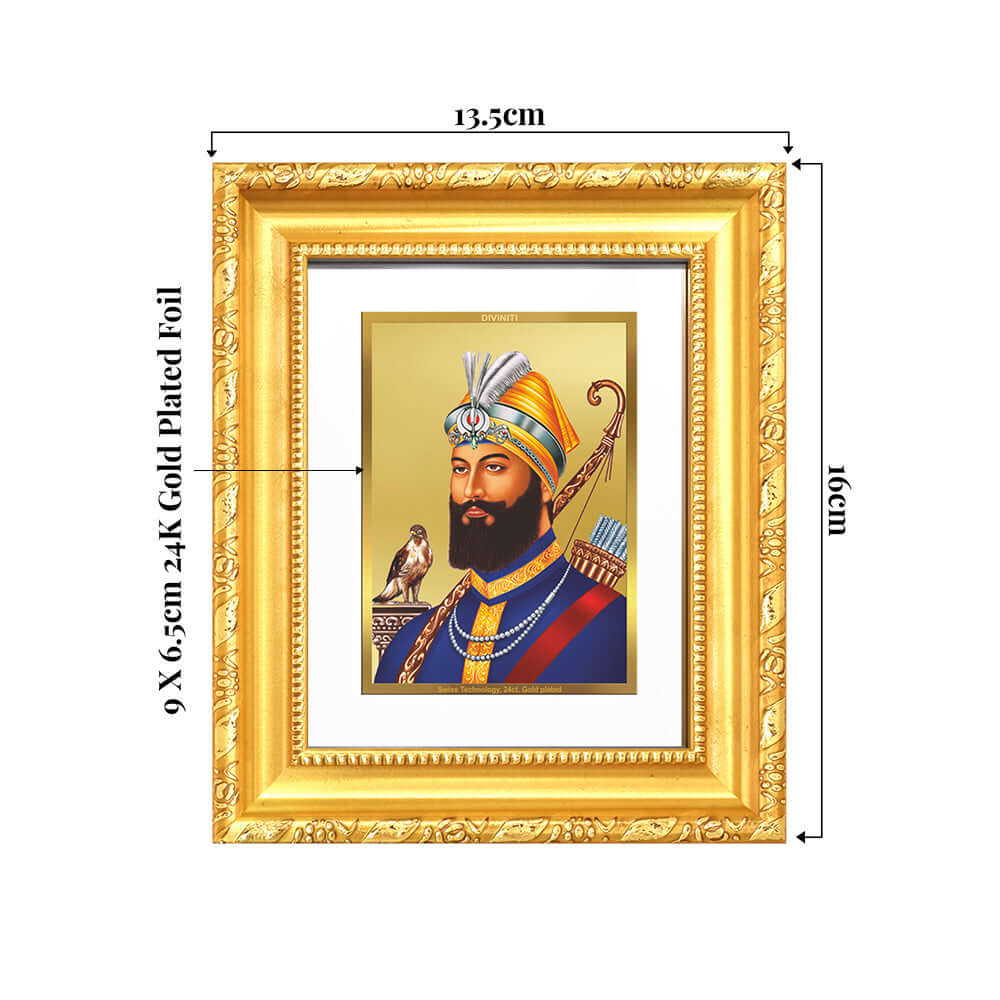 Guru Gobind Singh Ji framed artwork in 24K gold plated foil, showcasing the Tenth Sikh Guru with vibrant colors.