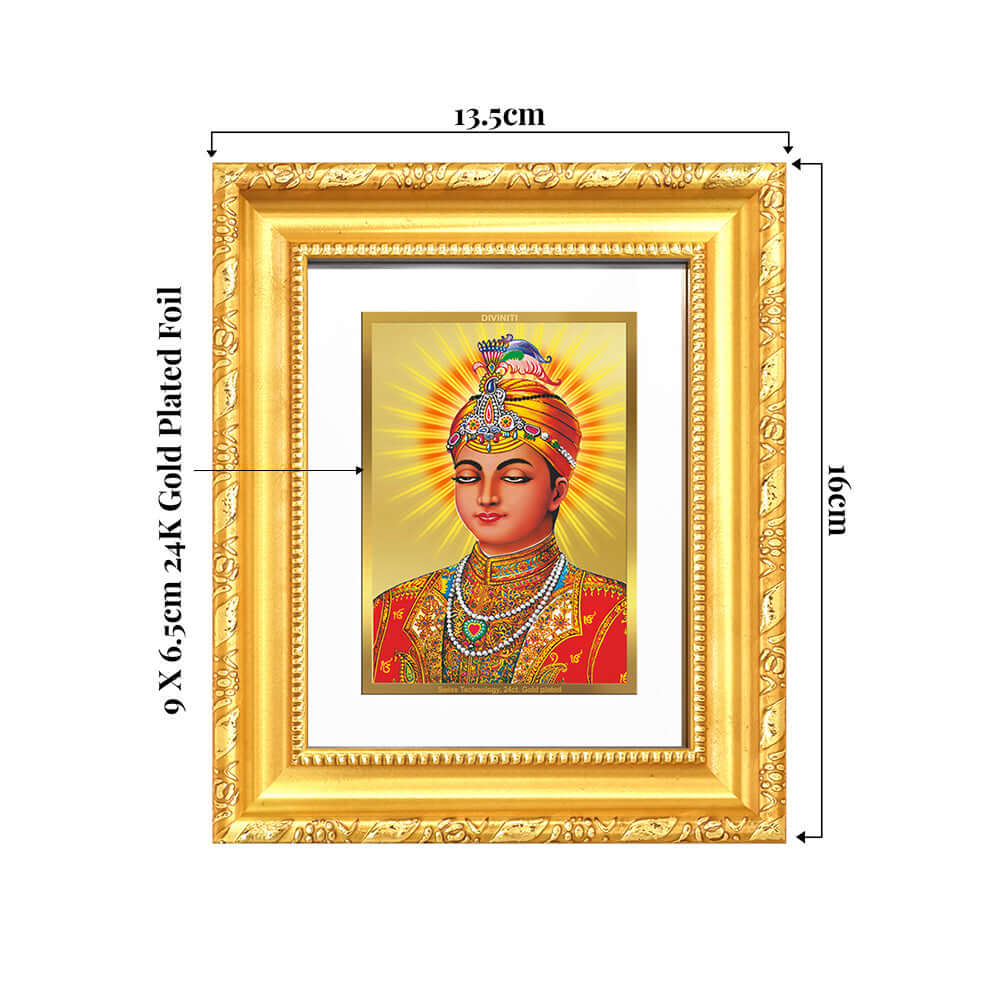 Guru Harkrishan Sahib Ji framed tabletop artwork in 24K gold plated foil, symbolizing compassion and healing.
