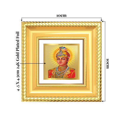 Guru Harkrishan Sahib Ji in 24K Gold Plated Foil showing product dimensions, ideal for spiritual décor and devotional gifting.
