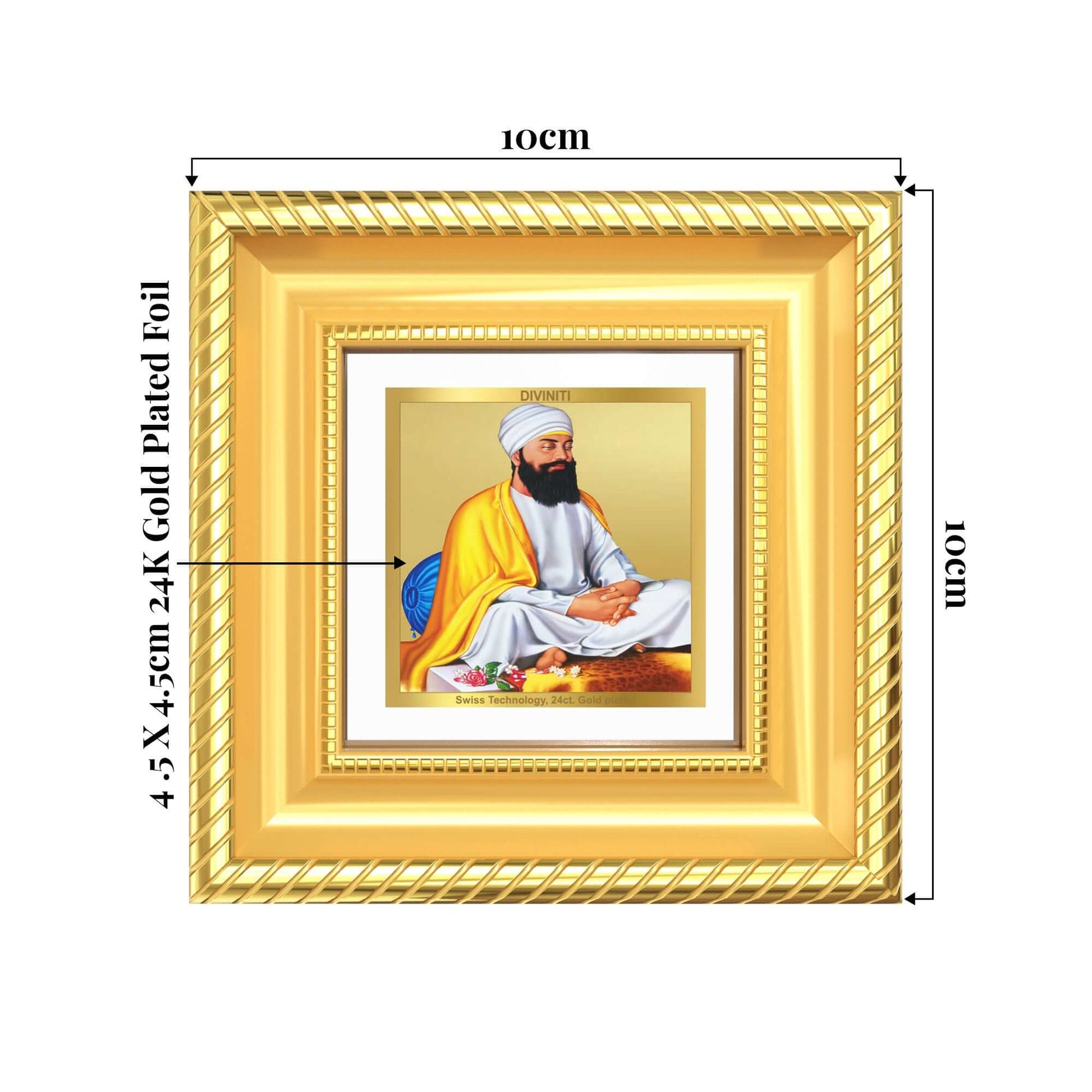 Guru Tegh Bahadur Sahib Ji Tabletop Frame showing product dimensions, ideal for spiritual décor and devotional gifting.