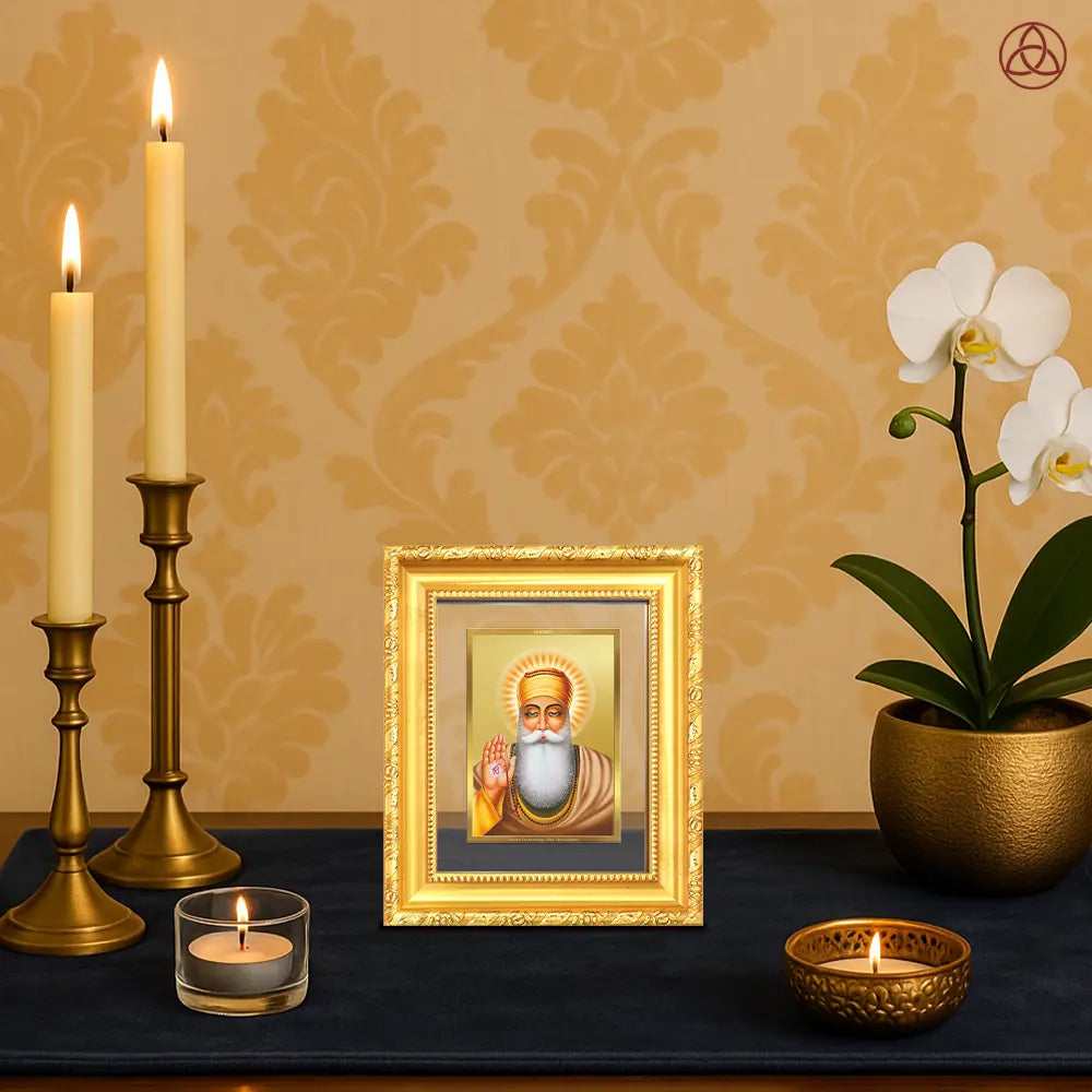 Cornice Religiosa Guru Nanak Dev Ji Con Bordo Dorato - 24x34 Cm, Per Tempio E Pooja, Decorazione Parete