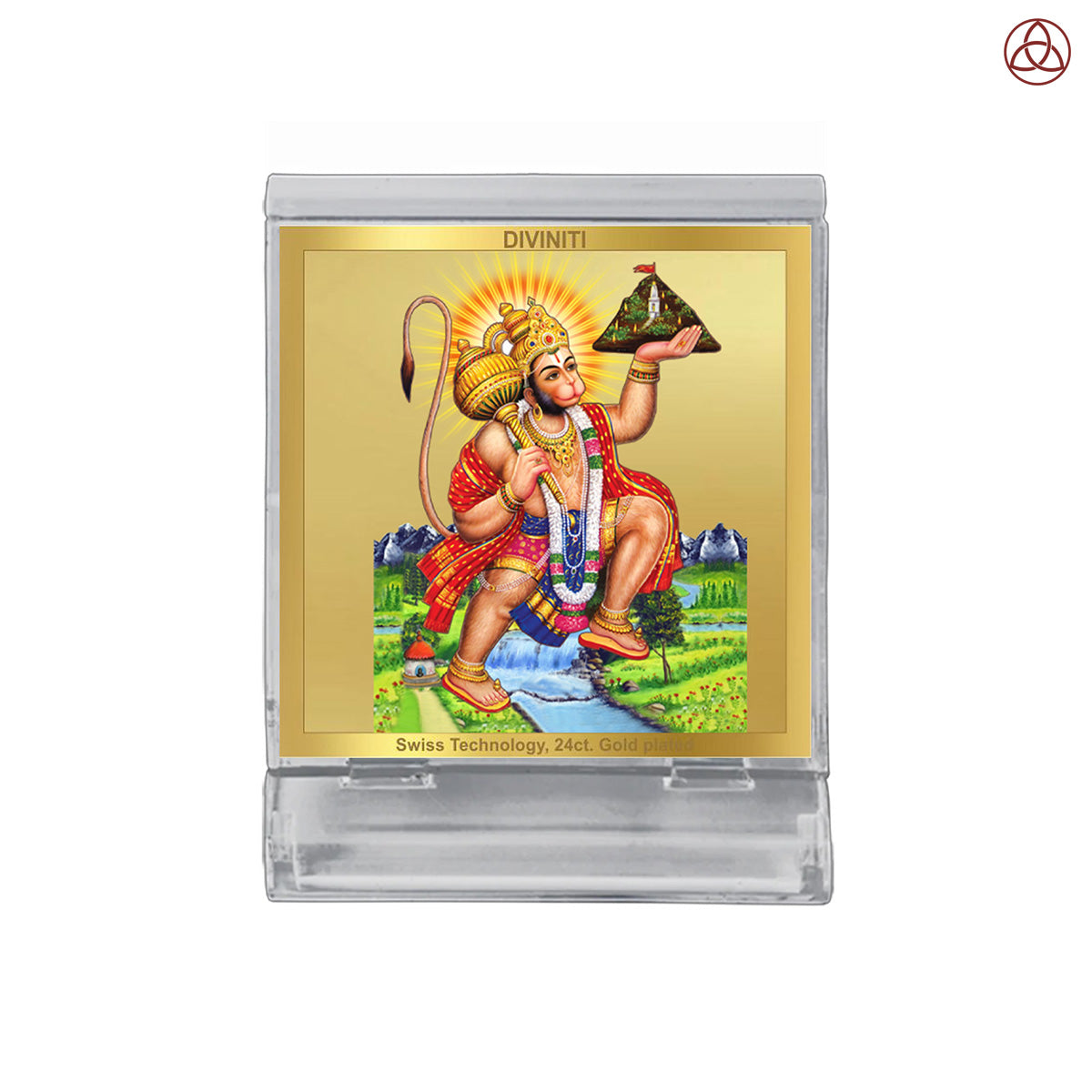 Hanuman Carrying Sanjeevani | Divine Lord Hanuman Car Dashboard & Tabletop Photo Frame in 24K Gold Plated Foil