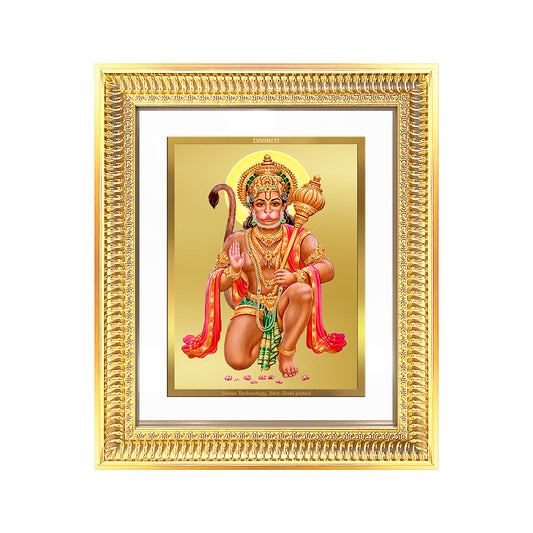 Lord Hanuman in blessings pose, framed in 24K gold-plated foil, symbolizing courage and protection.