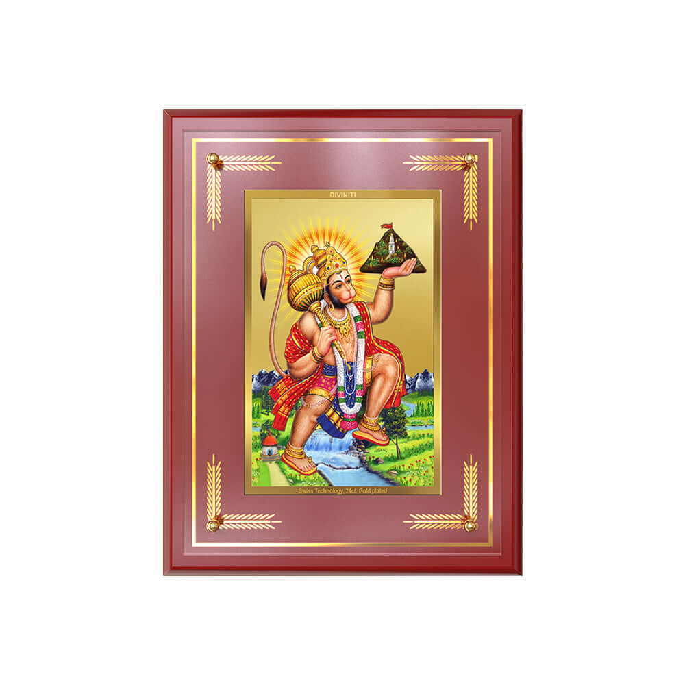 Hanuman Carrying Sanjeevani Mountain | Lord Hanuman Wall and Tabletop Photo Frame in 24K Gold Plated Foil