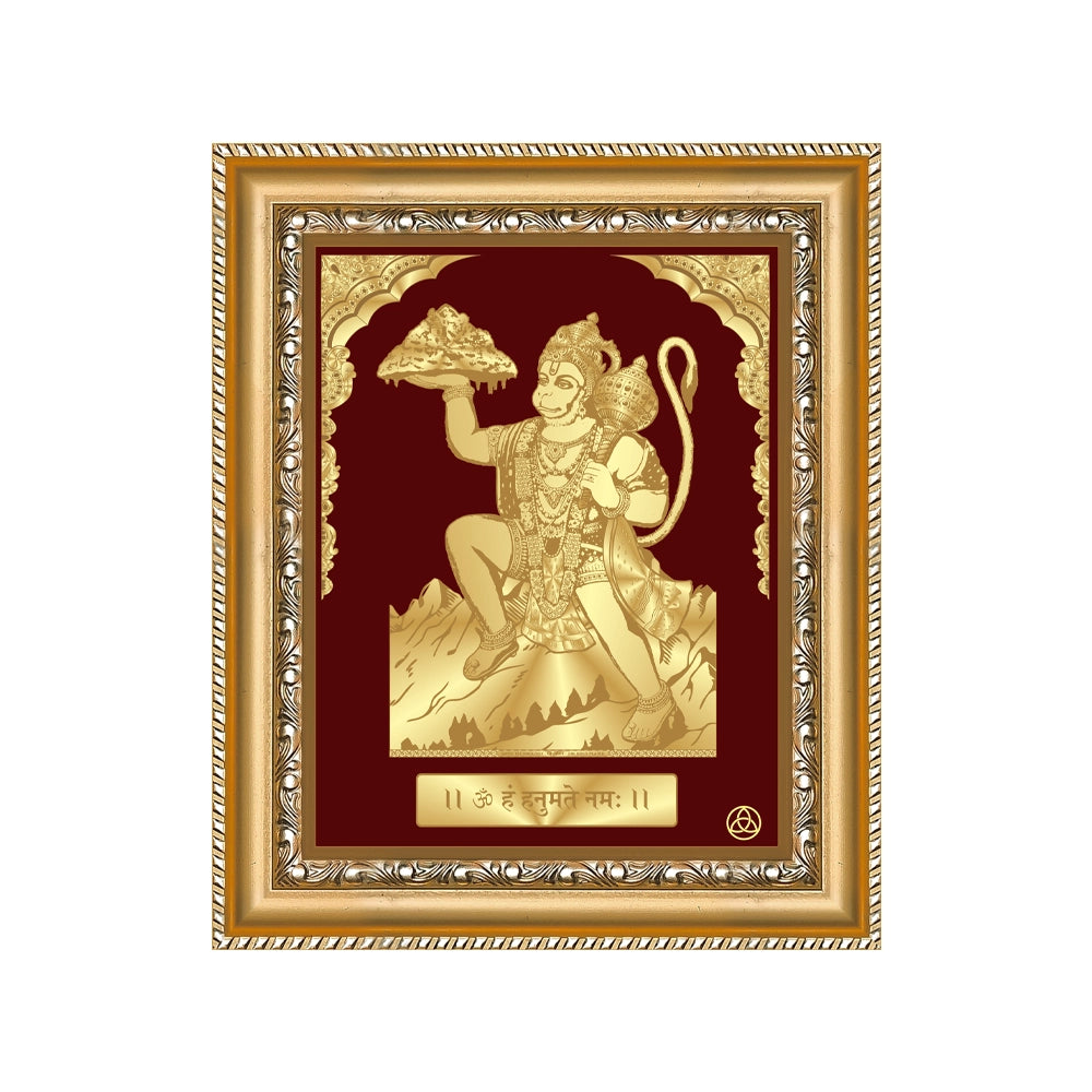 Hanuman Carrying Sanjeevani Mountain | Lord Hanuman Gold on Gold Wall Hanging Frame in 24K Gold Plated Foil Debobrato