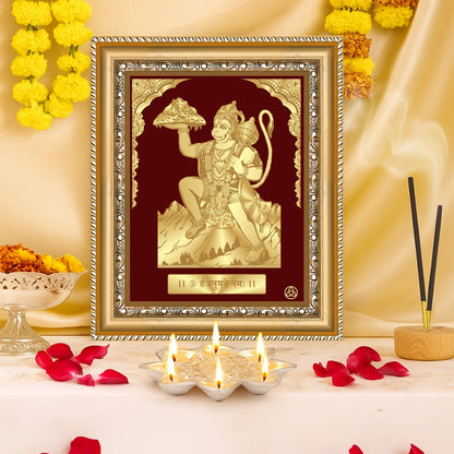 Hanuman Carrying Sanjeevani Mountain | Lord Hanuman Gold on Gold Wall Hanging Frame in 24K Gold Plated Foil Debobrato
