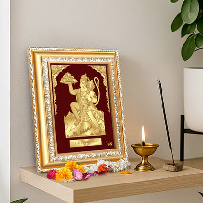 Hanuman Carrying Sanjeevani Mountain | Lord Hanuman Gold on Gold Wall Hanging Frame in 24K Gold Plated Foil Debobrato