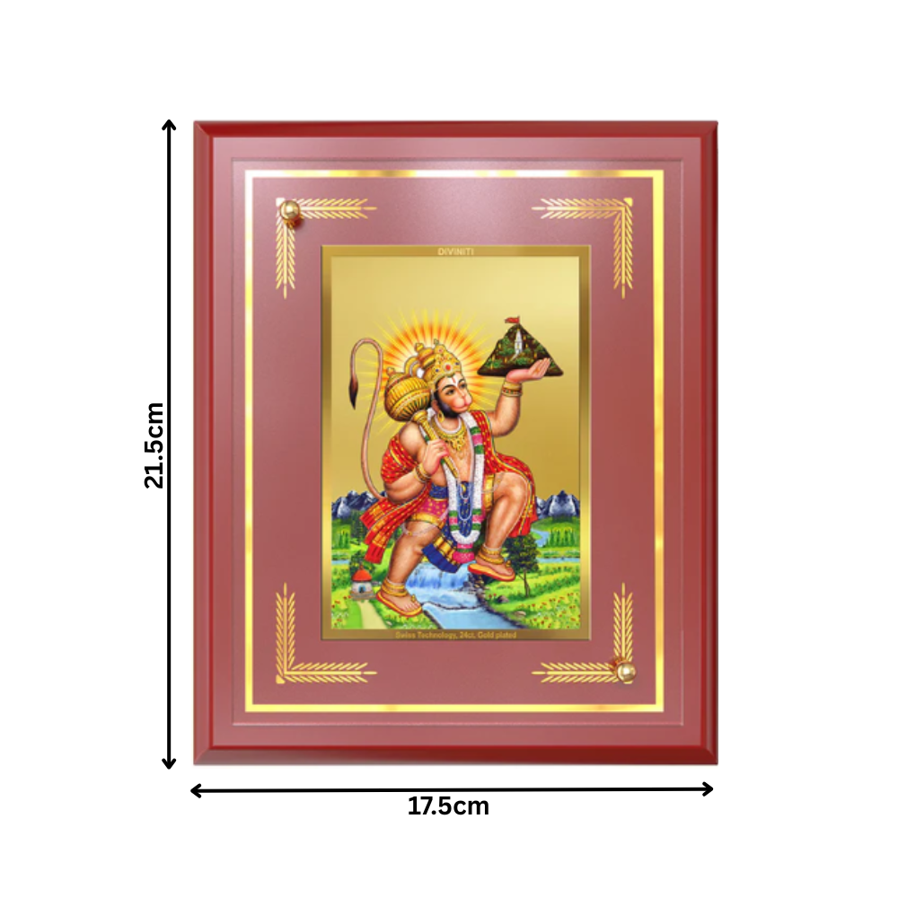 Hanuman Carrying Sanjeevani Mountain | Lord Hanuman Wall and Tabletop Photo Frame in 24K Gold Plated Foil