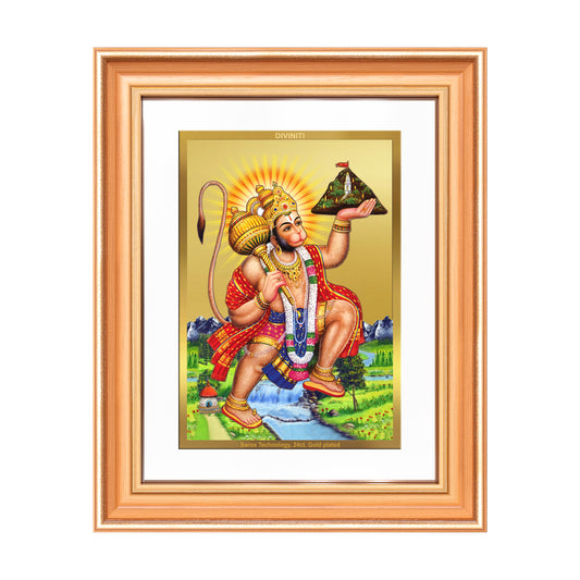 Hanuman Carrying Sanjeevani Mountain | Lord Hanuman Wall Mount Photo Frame in 24K Gold Plated Foil