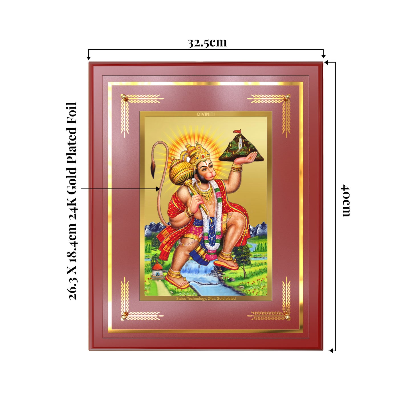 Hanuman Carrying Sanjeevani Mountain | Lord Hanuman Wall Mount Photo Frame in 24K Gold Plated Foil