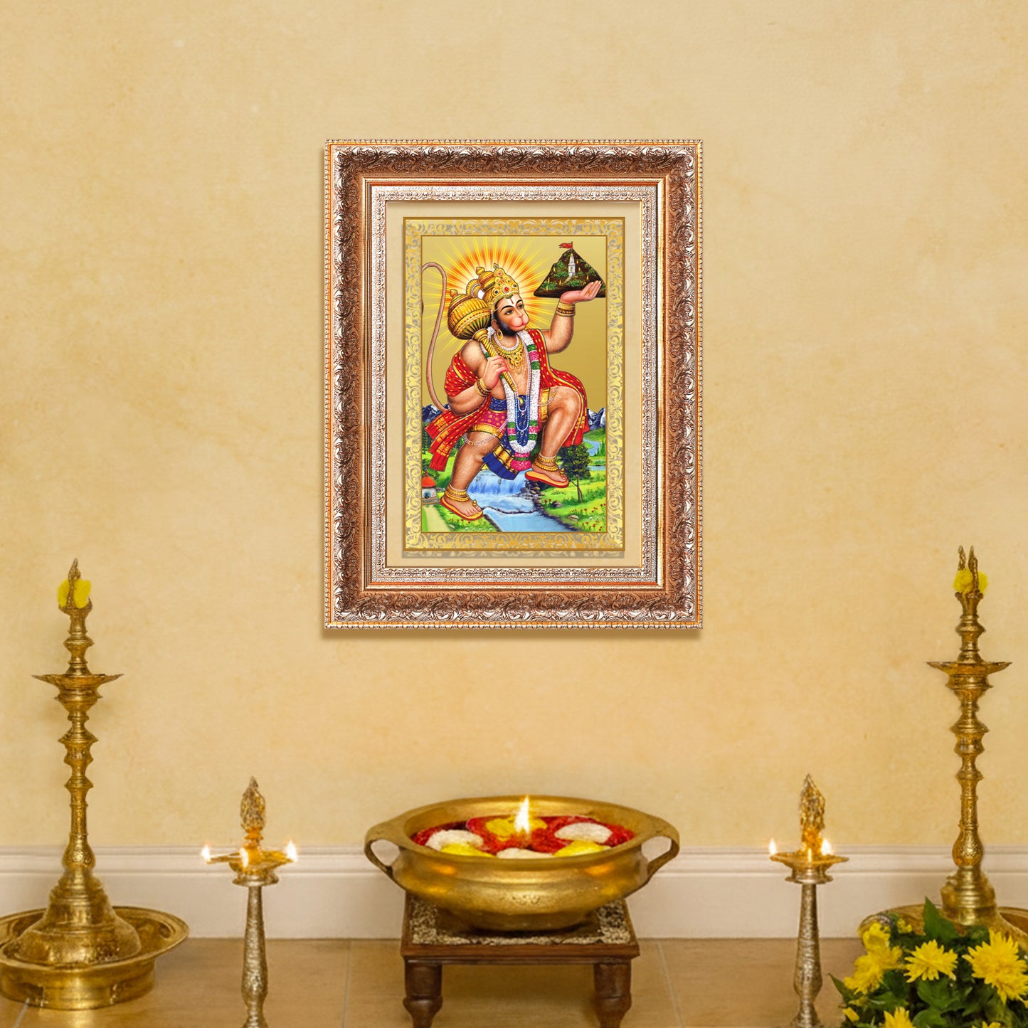 Hanuman Carrying Sanjeevani Mountain | Lord Hanuman Wall Mount Photo Frame in 24K Gold Plated Foil