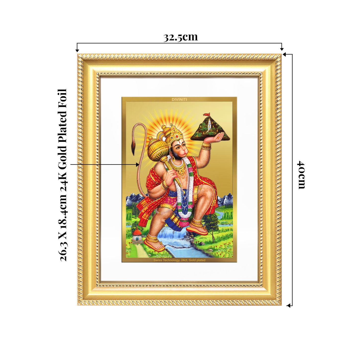 Hanuman Carrying Sanjeevani Mountain | Lord Hanuman Wall Mount Photo Frame in 24K Gold Plated Foil