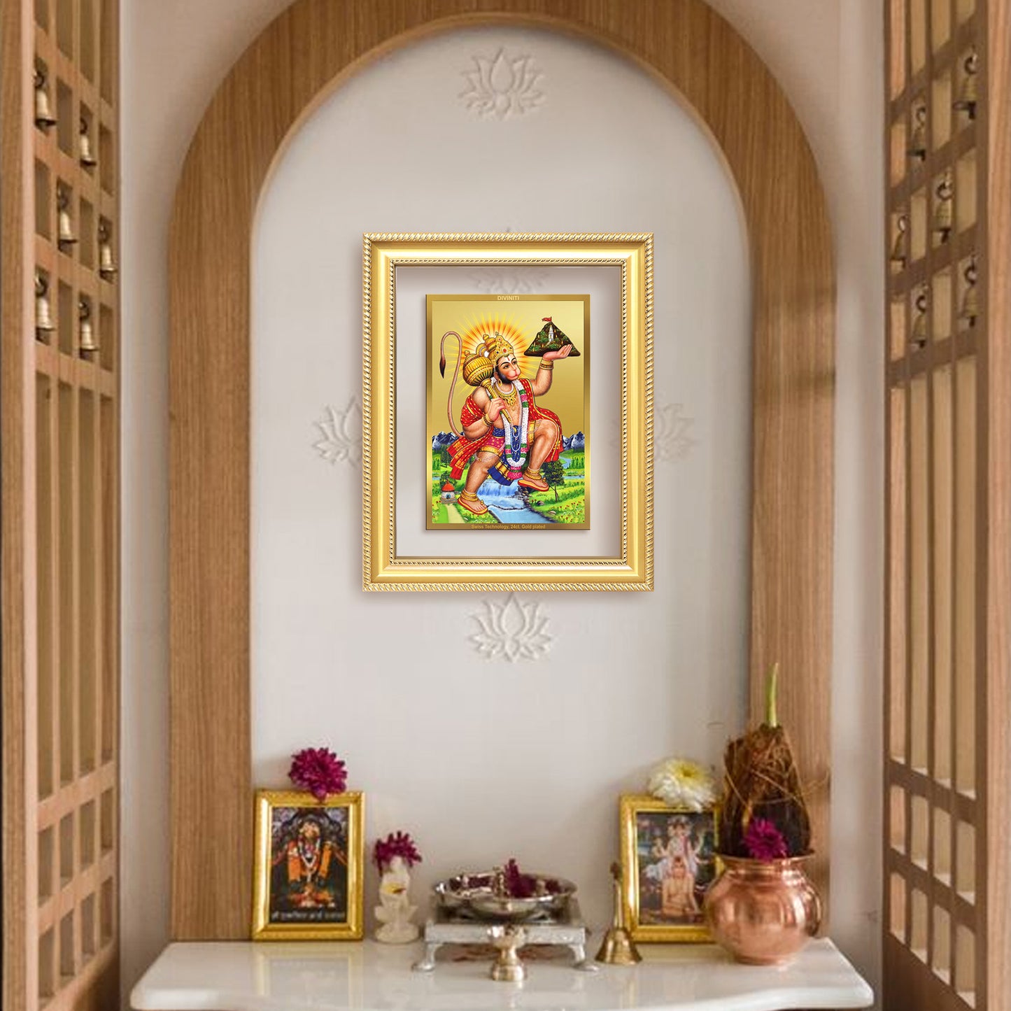 Hanuman Carrying Sanjeevani Mountain | Lord Hanuman Wall Mount Photo Frame in 24K Gold Plated Foil