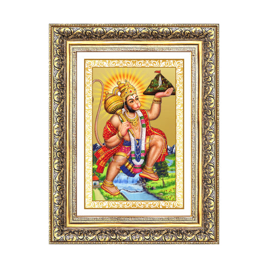 Hanuman Carrying Sanjeevani Mountain | Lord Hanuman Wall Mount Photo Frame in 24K Gold Plated Foil