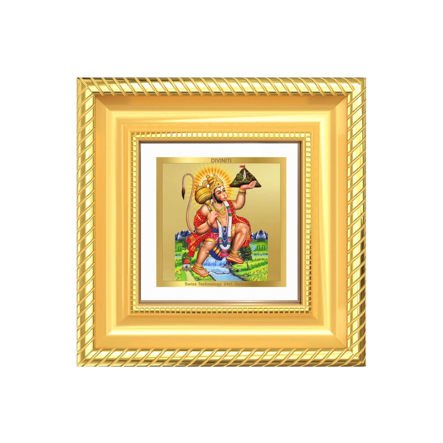 Hanuman Carrying Sanjeevani Mountain framed tabletop artwork in 24K gold plated foil.