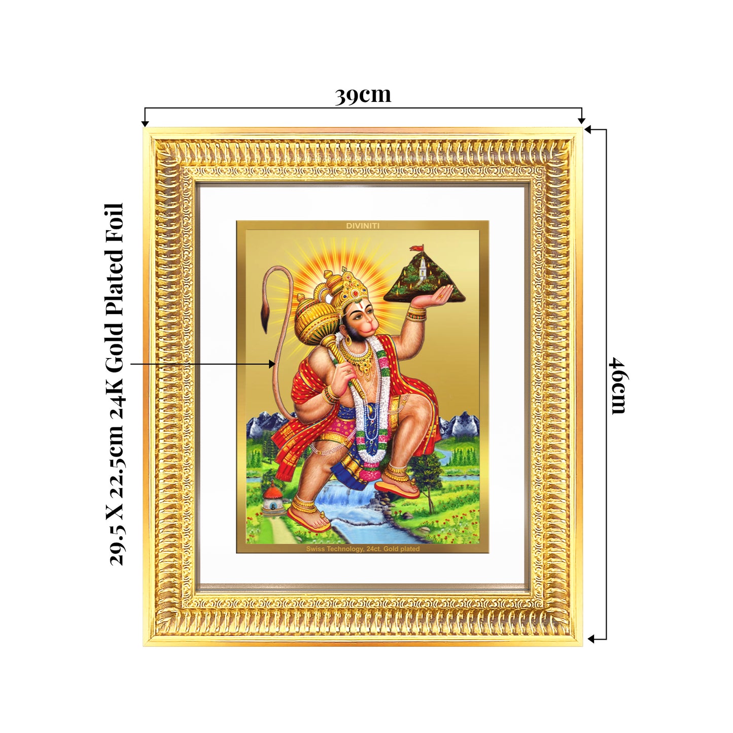 Hanuman Carrying Sanjeevani Mountain | Lord Hanuman Wall Mount Photo Frame in 24K Gold Plated Foil