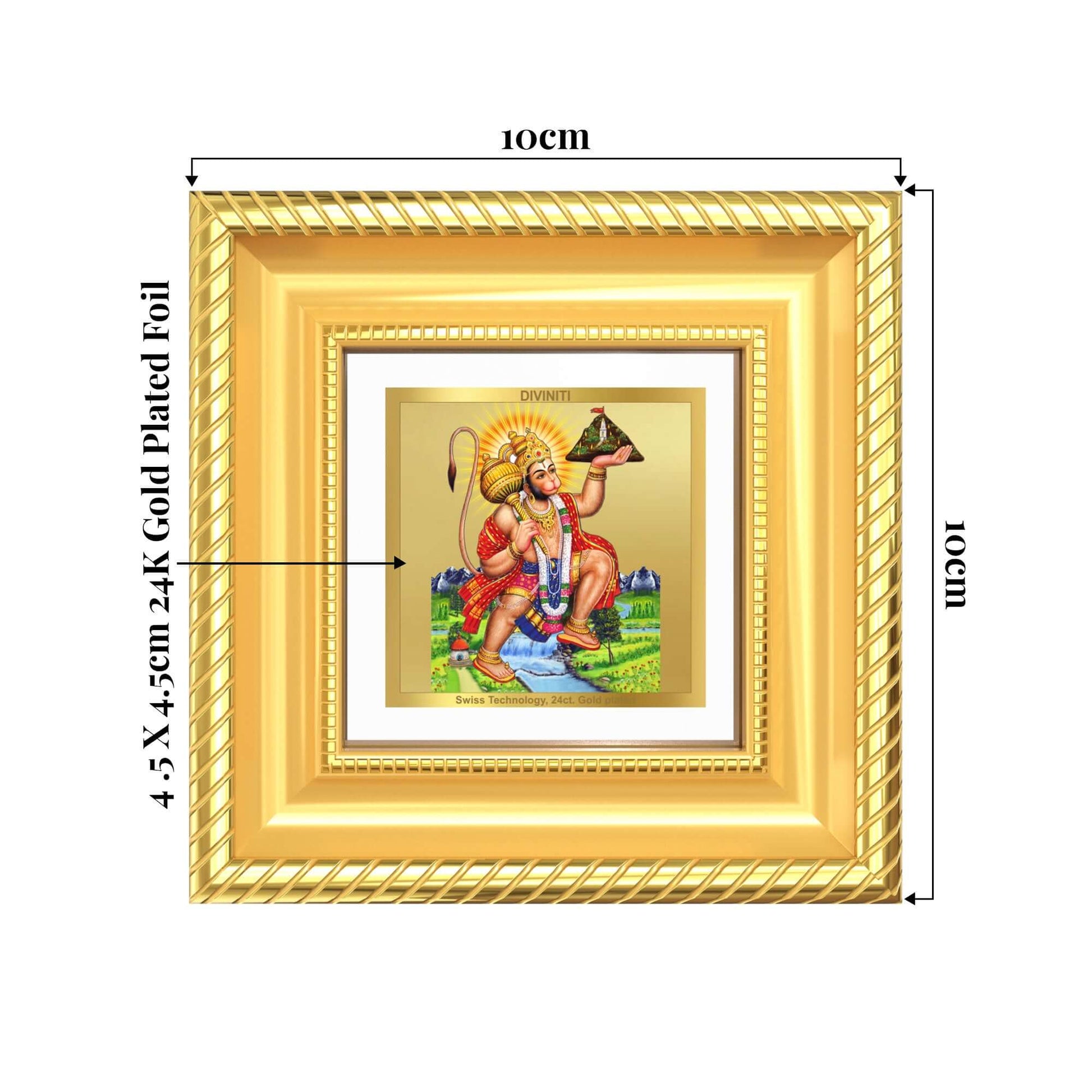 Hanuman Carrying Sanjeevani Mountain tabletop frame in 24K gold plated foil, showcasing divine strength and devotion.
