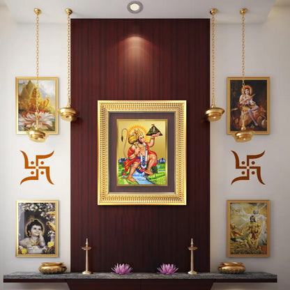 Hanuman Carrying Sanjeevani Mountain | Lord Hanuman Wall Mount Photo Frame in 24K Gold Plated Foil