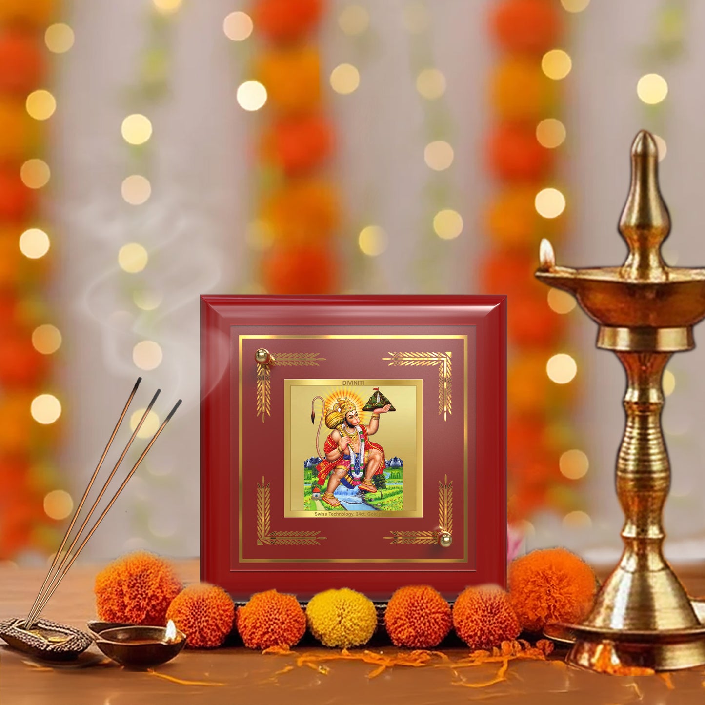 Hanuman Carrying Sanjeevani Mountain | Lord Hanuman Tabletop Frame in 24K Gold Plated Foil
