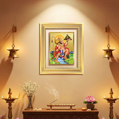 Hanuman Carrying Sanjeevani Mountain | Lord Hanuman Wall Mount Photo Frame in 24K Gold Plated Foil