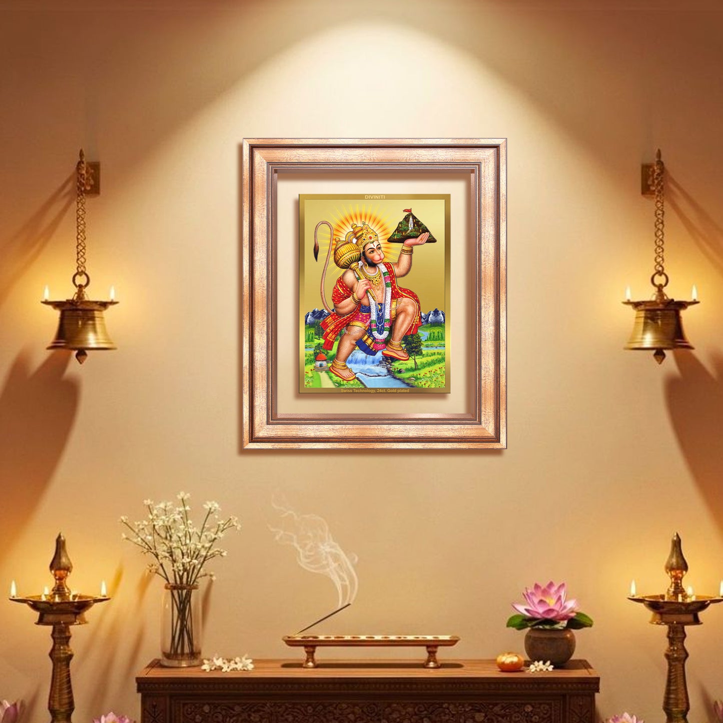 Hanuman Carrying Sanjeevani Mountain | Lord Hanuman Wall Mount Photo Frame in 24K Gold Plated Foil