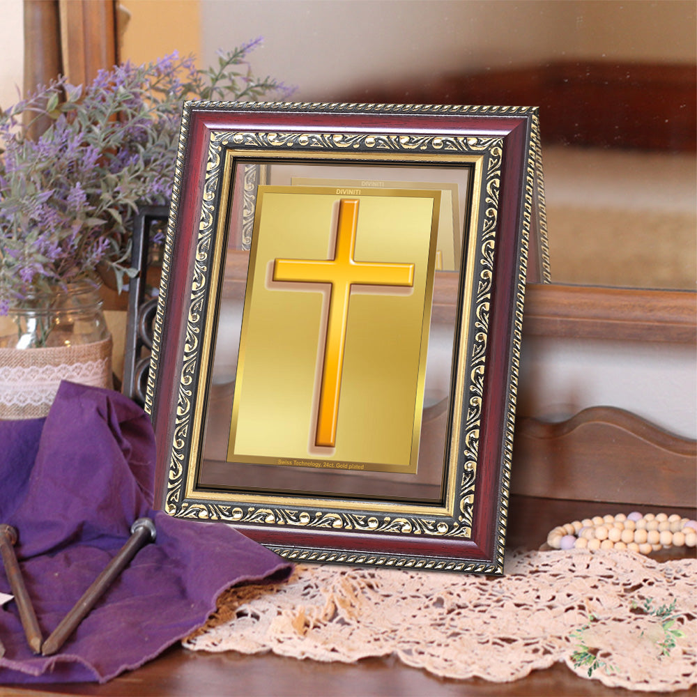 Holy Cross | Sacred Christian Cross Wall and Tabletop Photo Frame in 24K Gold Plated Foil