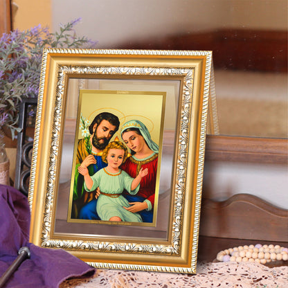 Holy Family Tabletop Photo Frame in 24K Gold Plated Foil displayed on table side
