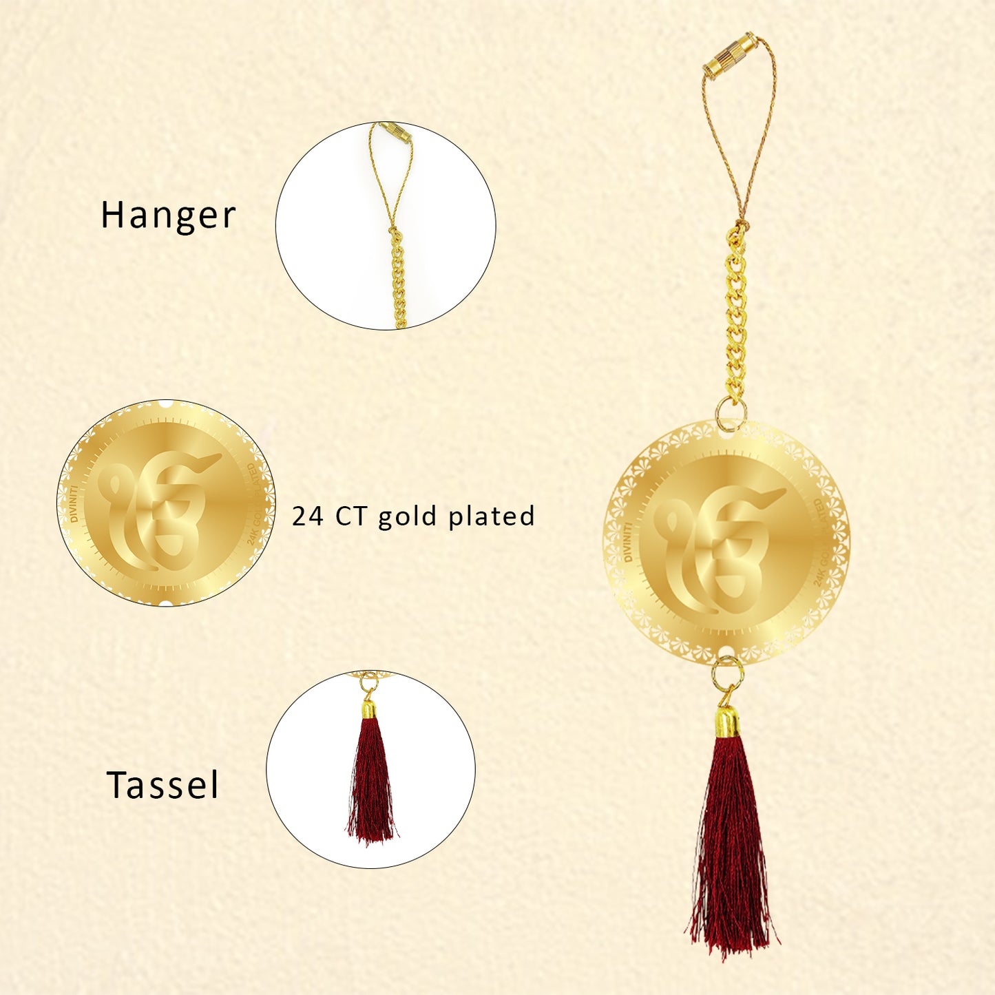 Diviniti 24K Gold Plated Double Sided Khanda Sahib & Ik Onkar Car Dangler|6 CM Khanda Sahib Hanging Car Decor|Luxurious Dangler For Car|Divine Car Accessories For Positive Energy & Protection