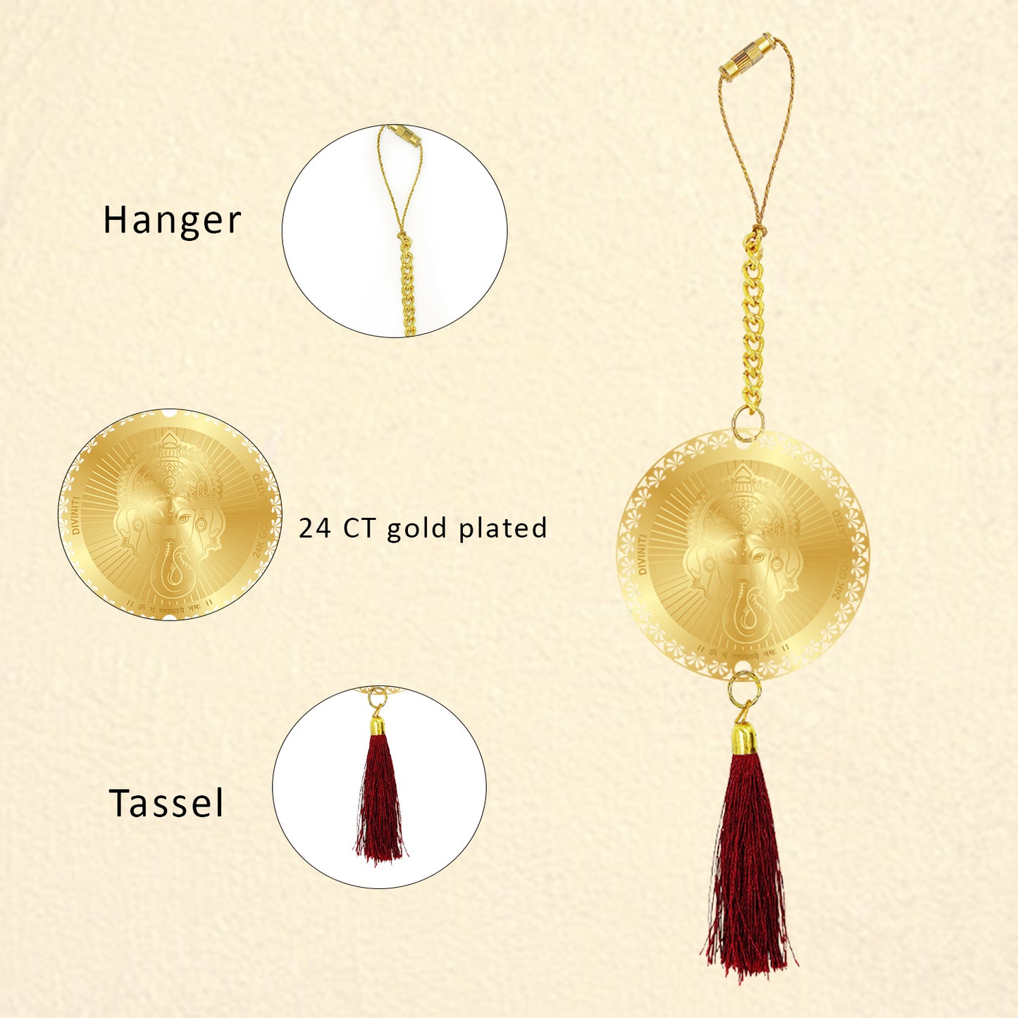 Diviniti 24K Gold Plated Double Sided Ganesha & Yantra Car Dangler|6 CM Ganesha Hanging Car Decor|Luxurious 24K Gold Plated Dangler For Car|Divine Car Accessories For Positive Energy & Protection