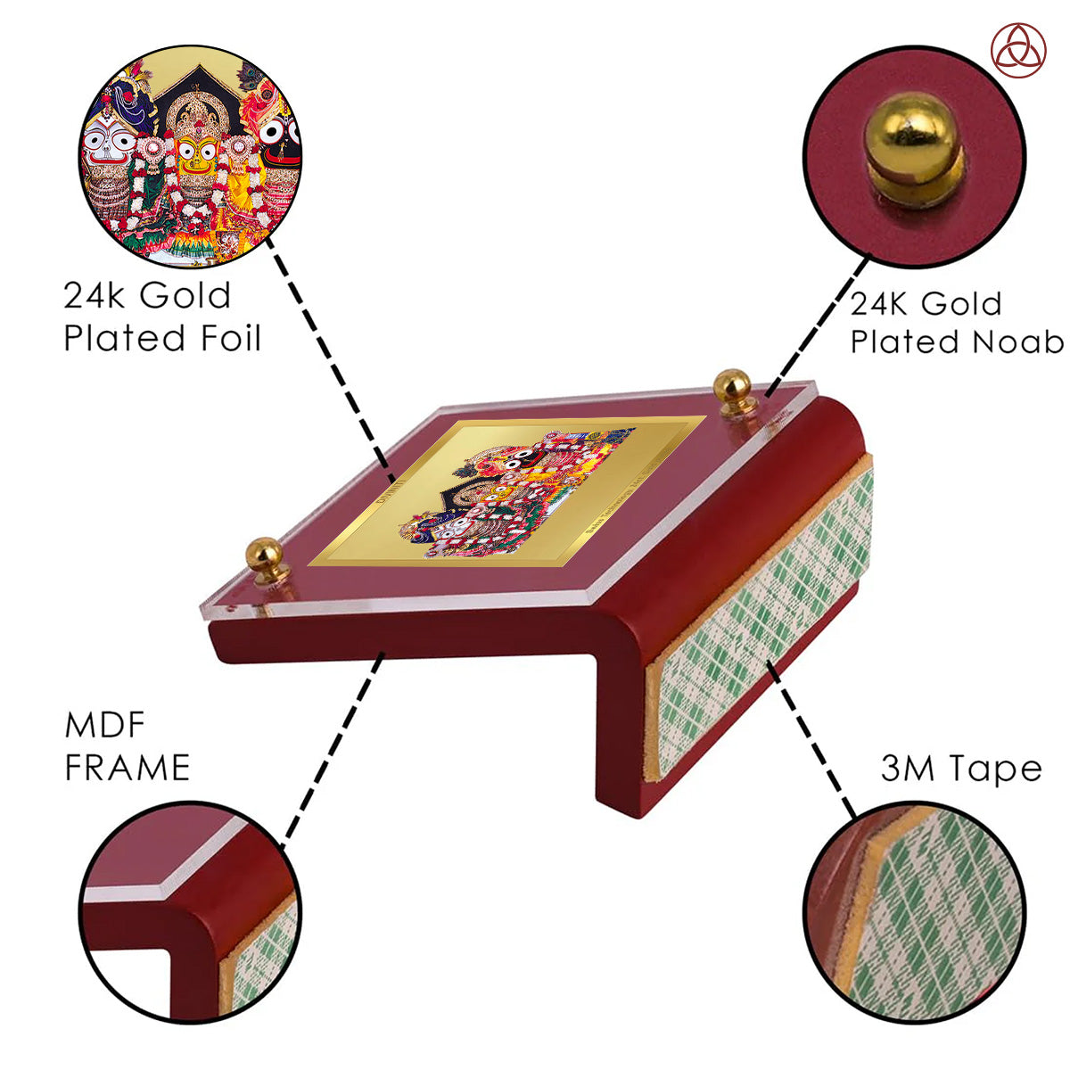 Jagannath Balaram Suvadra | Divine Lord Jagannath Family Car Dashboard & Tabletop Photo Frame in 24K Gold Plated Foil